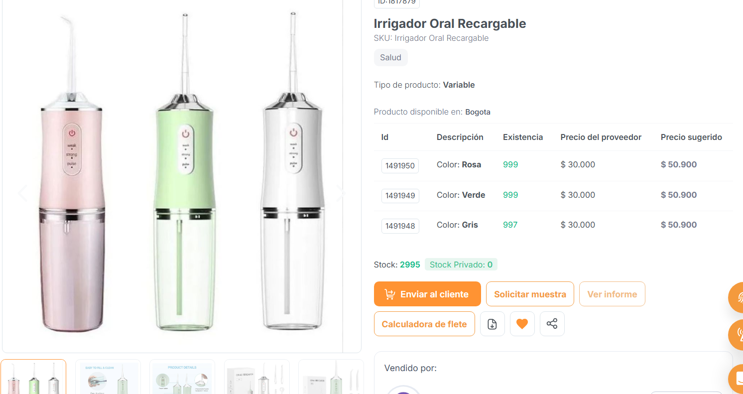 Irrigador oral recargable portátil en colores rosa verde y gris